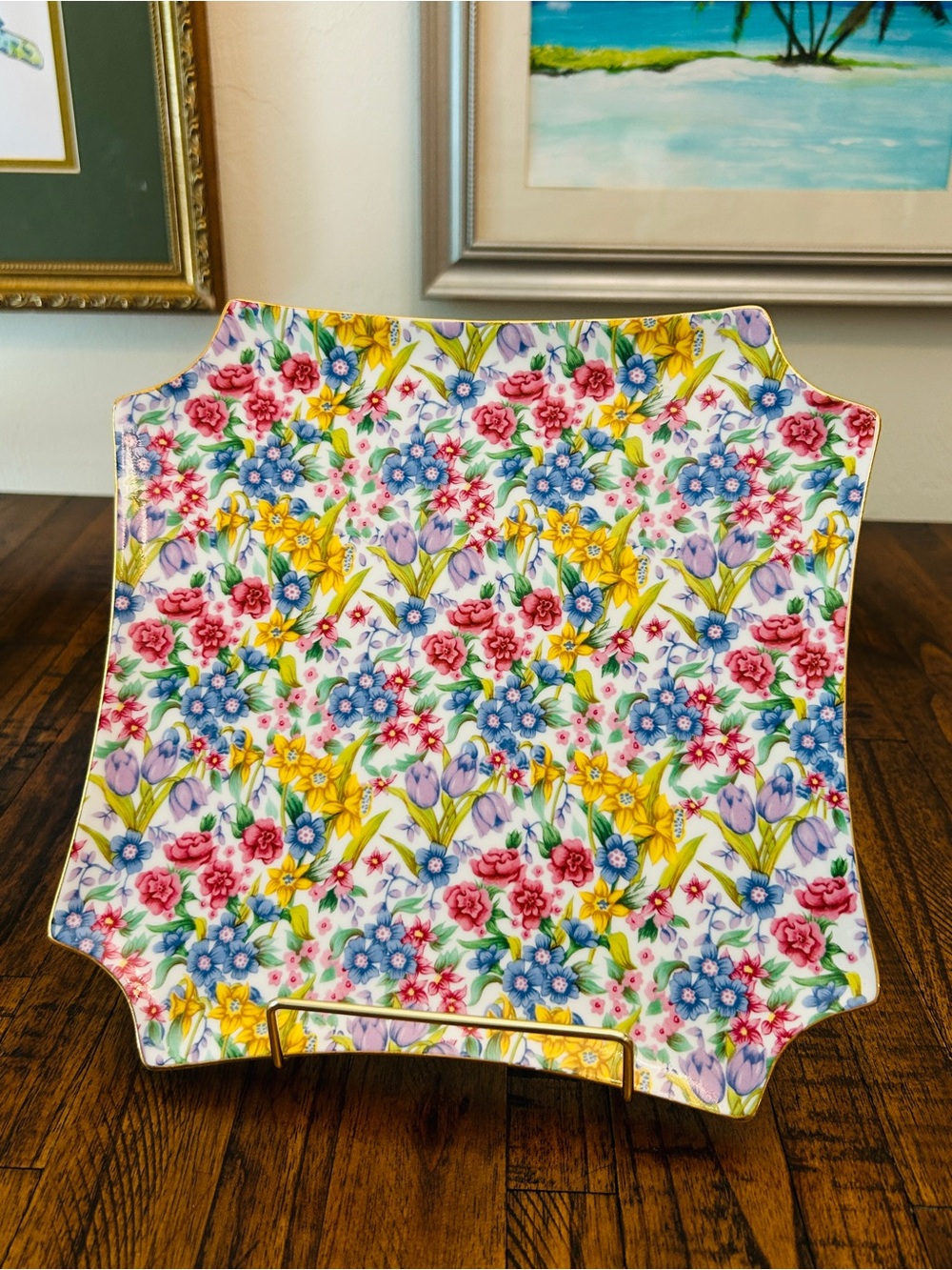 Floral Pattern Square Decorative Plate - Multicolor